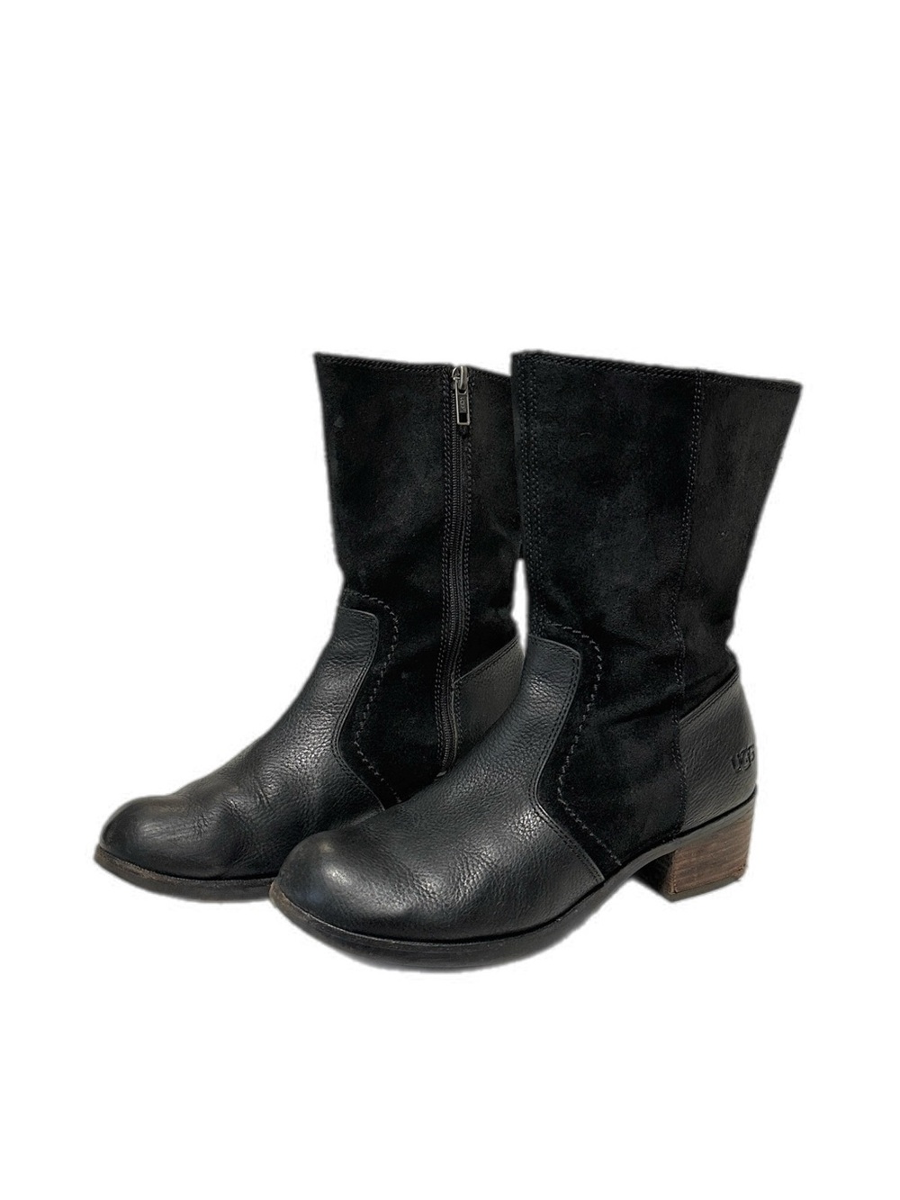 UGG Lou Black Leather And Suede Boots Sheepskin Footbed Size 8.5